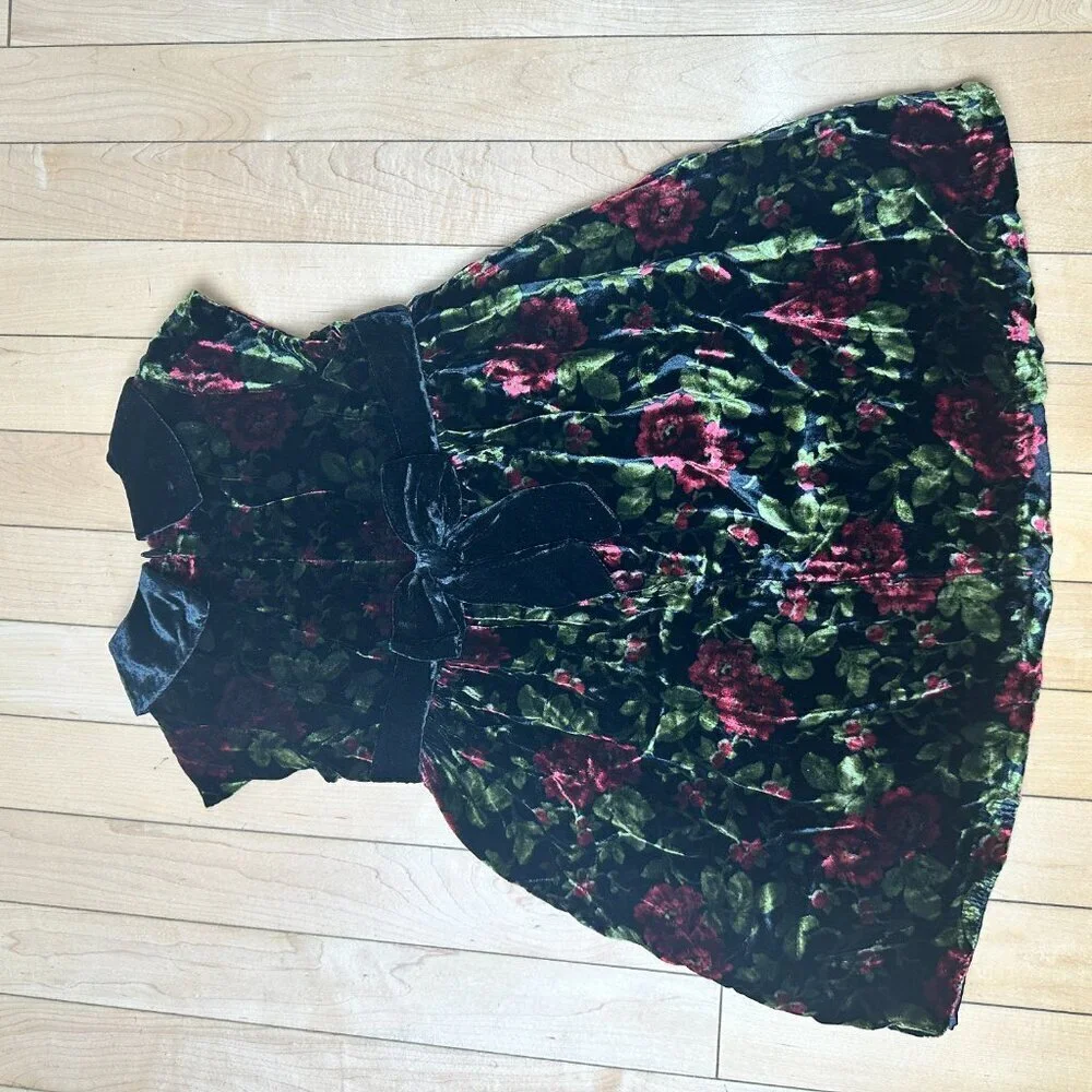 GYMBOREE Red Black Green Velvet Floral Lined Dress Size 18-24 months